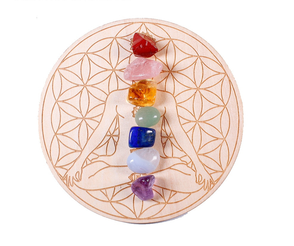 Set 7 chakras | pierres naturelles support bois