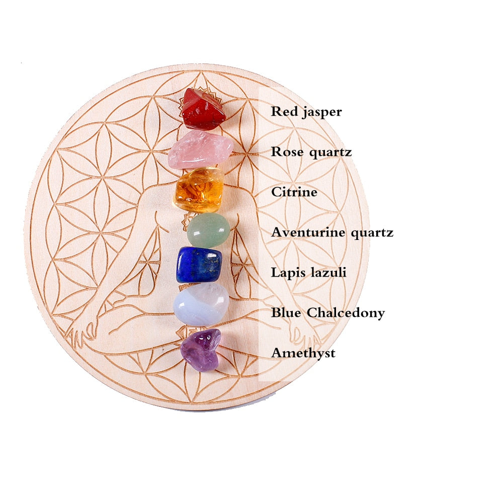 Set 7 chakras | pierres naturelles support bois